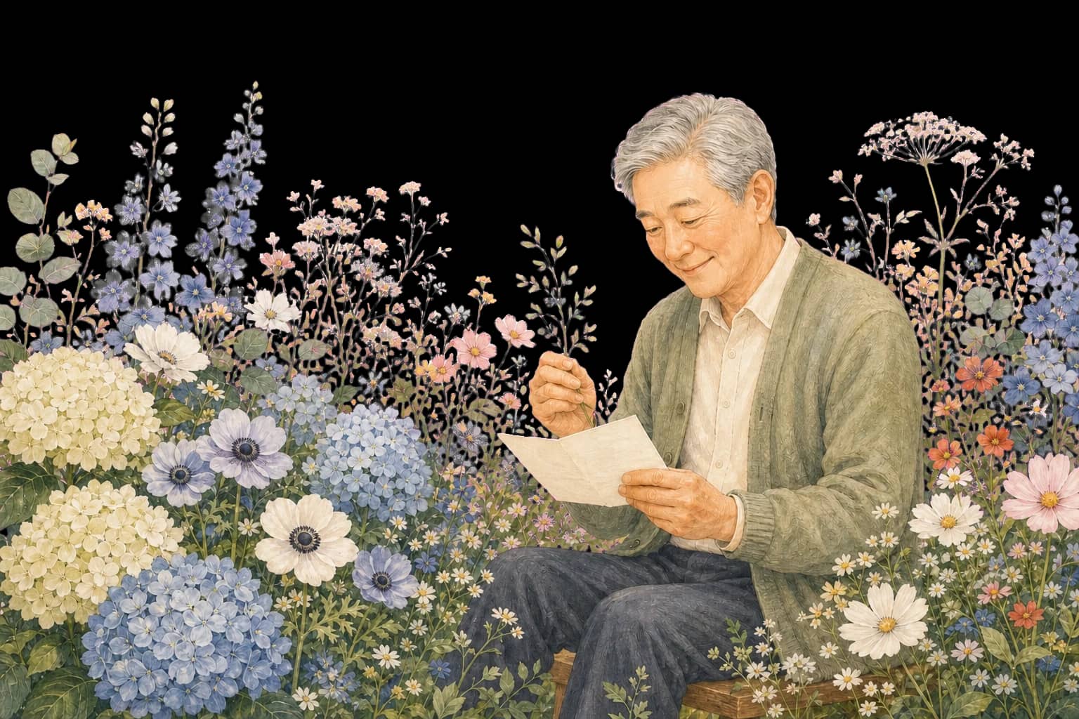 푸른 꽃밭에서 편지를 읽는 아버지 일러스트