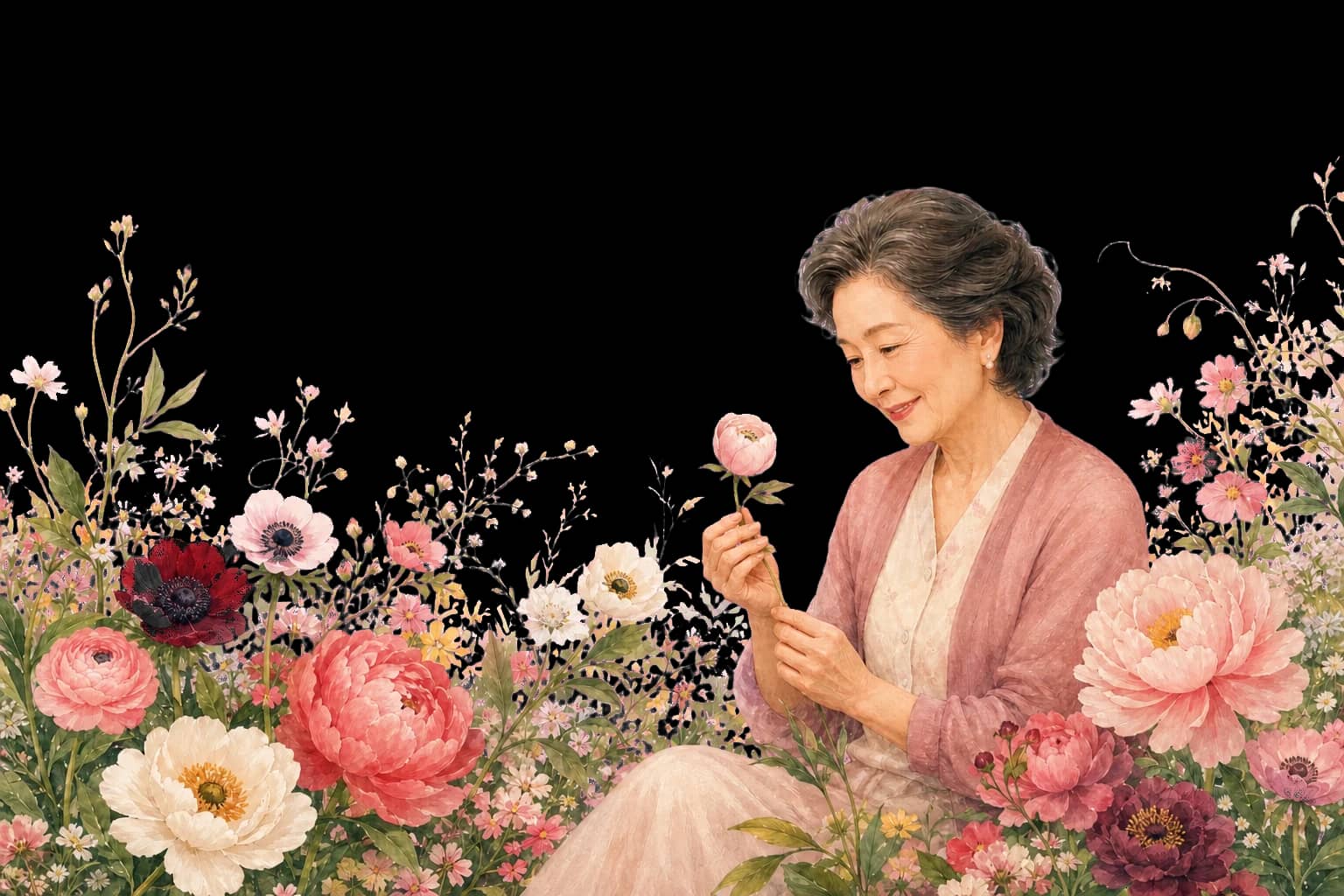 꽃밭에 앉아 꽃 한 송이를 바라보는 어머니 일러스트